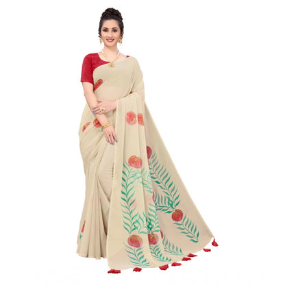 PKRKART Women's Georgette Floral Hand Printed Sarees (Beige, 5-6 Mtrs)