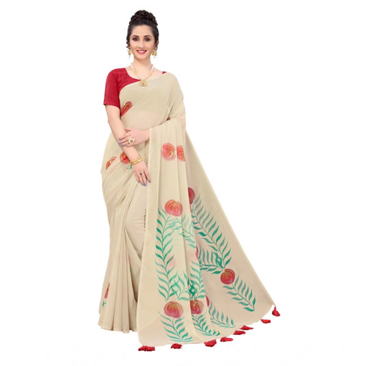 PKRKART Women's Georgette Floral Hand Printed Sarees (Beige, 5-6 Mtrs)
