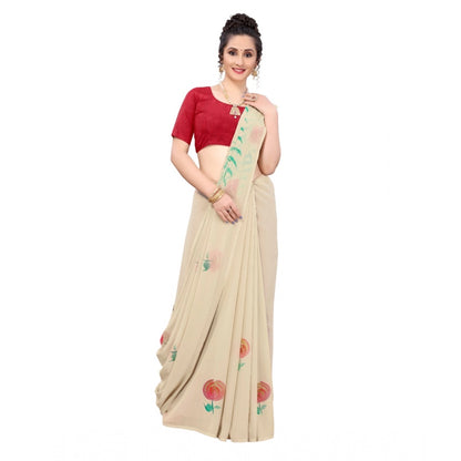 PKRKART Women's Georgette Floral Hand Printed Sarees (Beige, 5-6 Mtrs)