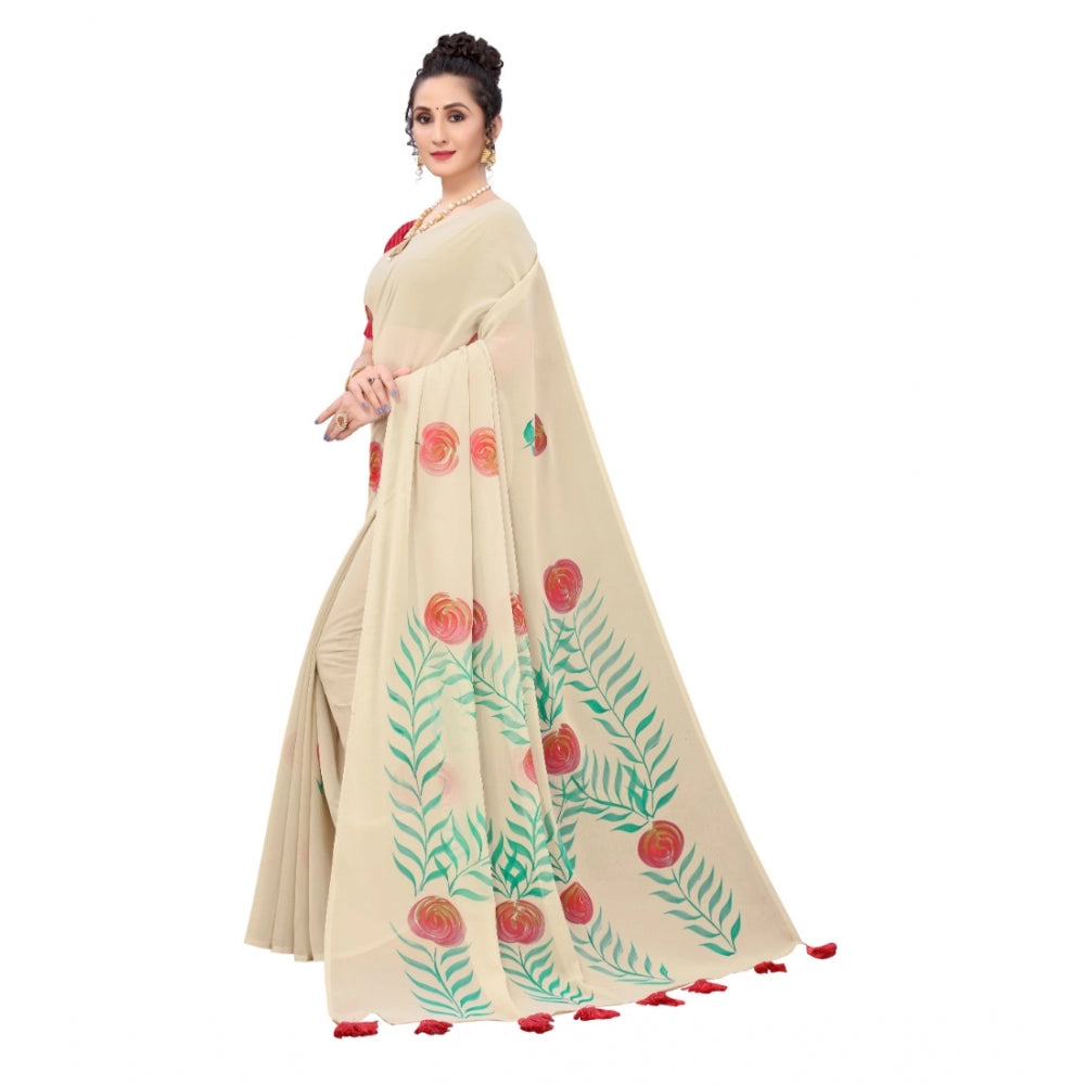 PKRKART Women's Georgette Floral Hand Printed Sarees (Beige, 5-6 Mtrs)