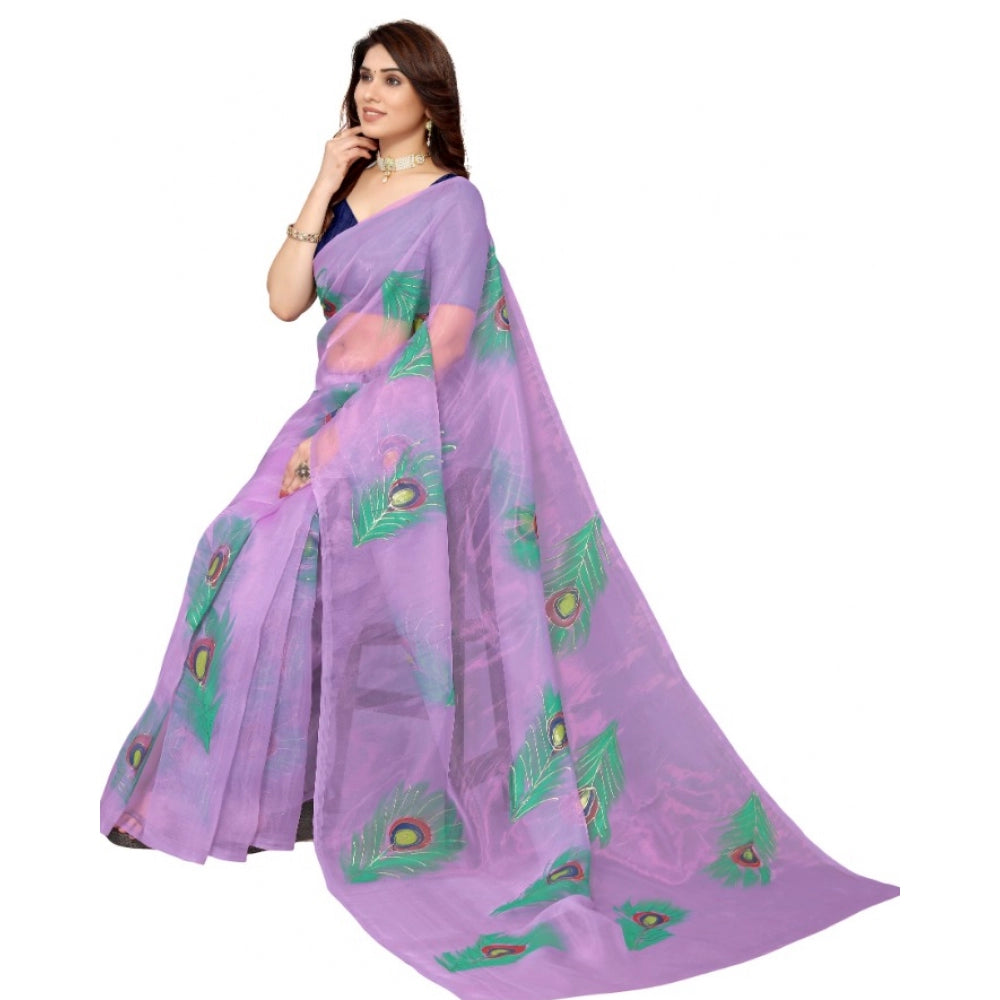 PKRKART Women's Organza Floral Pattern Sarees (Lavendor, 5-6 Mtrs)