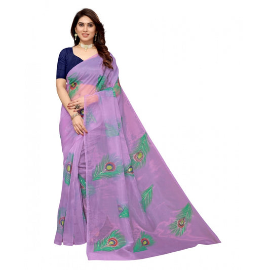 PKRKART Women's Organza Floral Pattern Sarees (Lavendor, 5-6 Mtrs)
