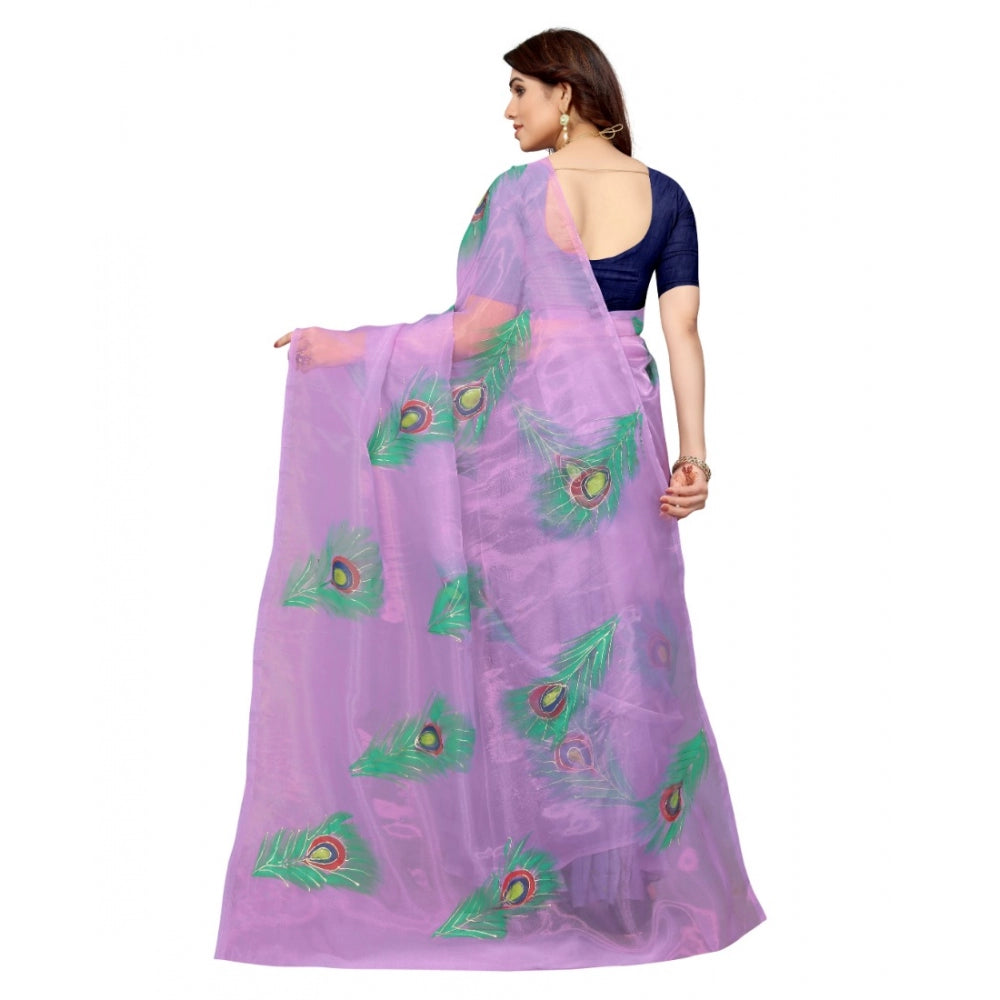 PKRKART Women's Organza Floral Pattern Sarees (Lavendor, 5-6 Mtrs)
