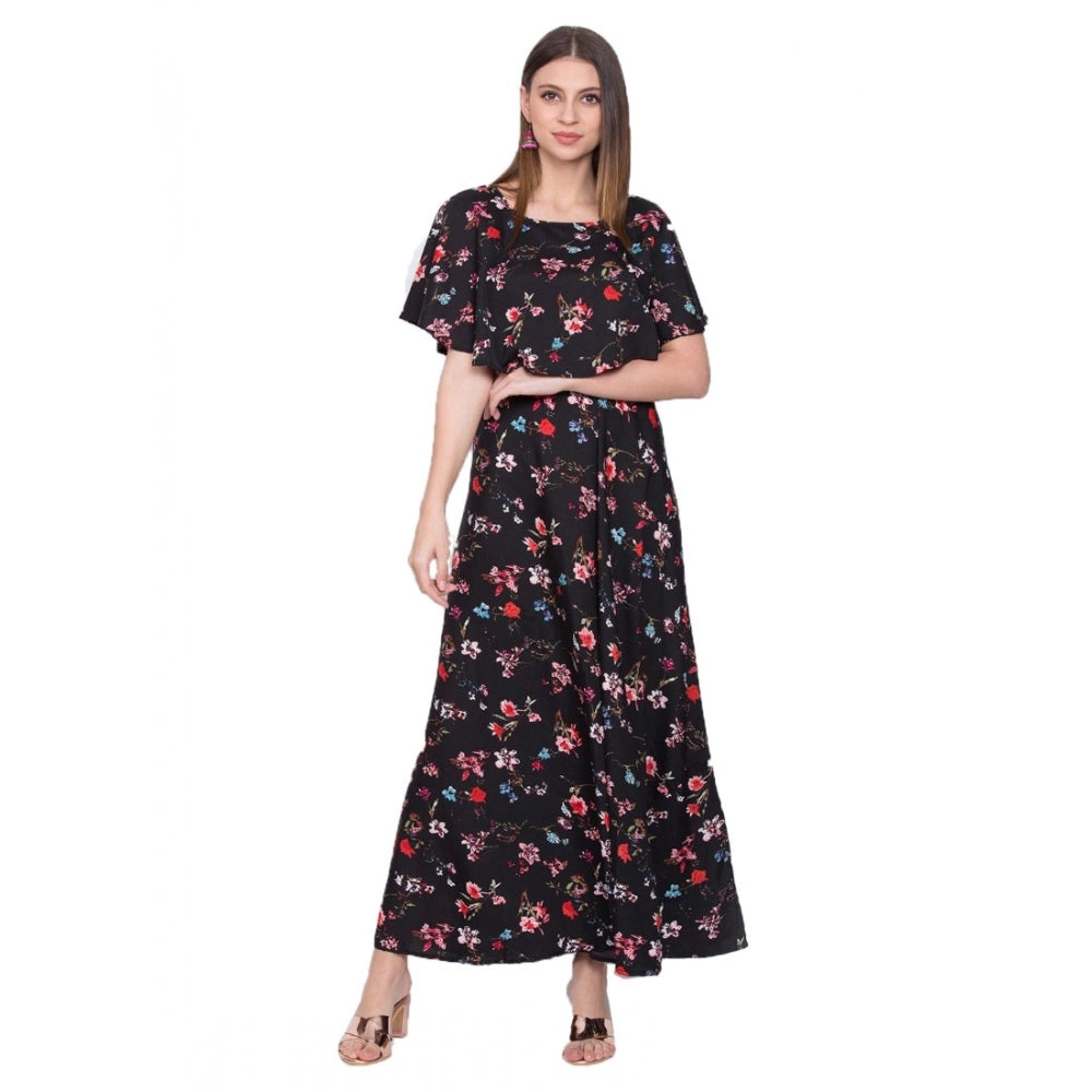 PKRKART Women's Crepe Floral Half Sleeves Full Length Gown(Black)