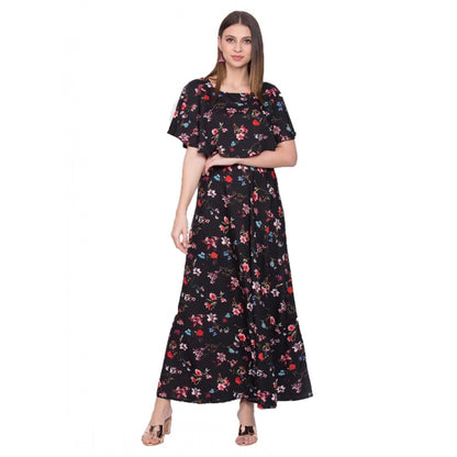 PKRKART Women's Crepe Floral Half Sleeves Full Length Gown(Black)