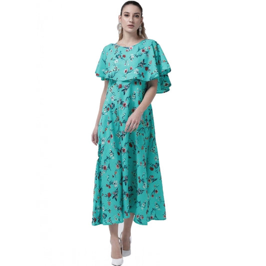 PKRKART Women's Crepe Floral Half Sleeves Full Length Gown(Turquoise)
