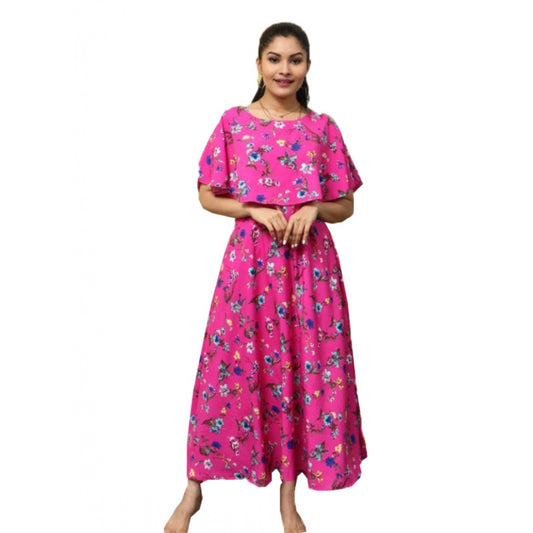 PKRKART Women's Crepe Floral Half Sleeves Full Length Gown(Pink)