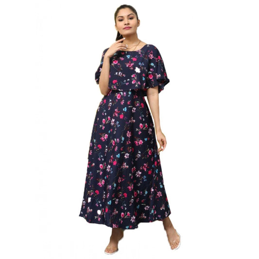 PKRKART Women's Crepe Floral Half Sleeves Full Length Gown(Dark Blue)