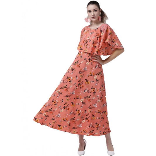 PKRKART Women's Crepe Floral Half Sleeves Full Length Gown(Orange)