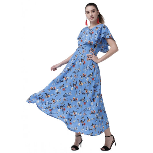 PKRKART Women's Crepe Floral Half Sleeves Full Length Gown(Blue)