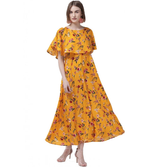 PKRKART Women's Crepe Floral Half Sleeves Full Length Gown(Yellow)