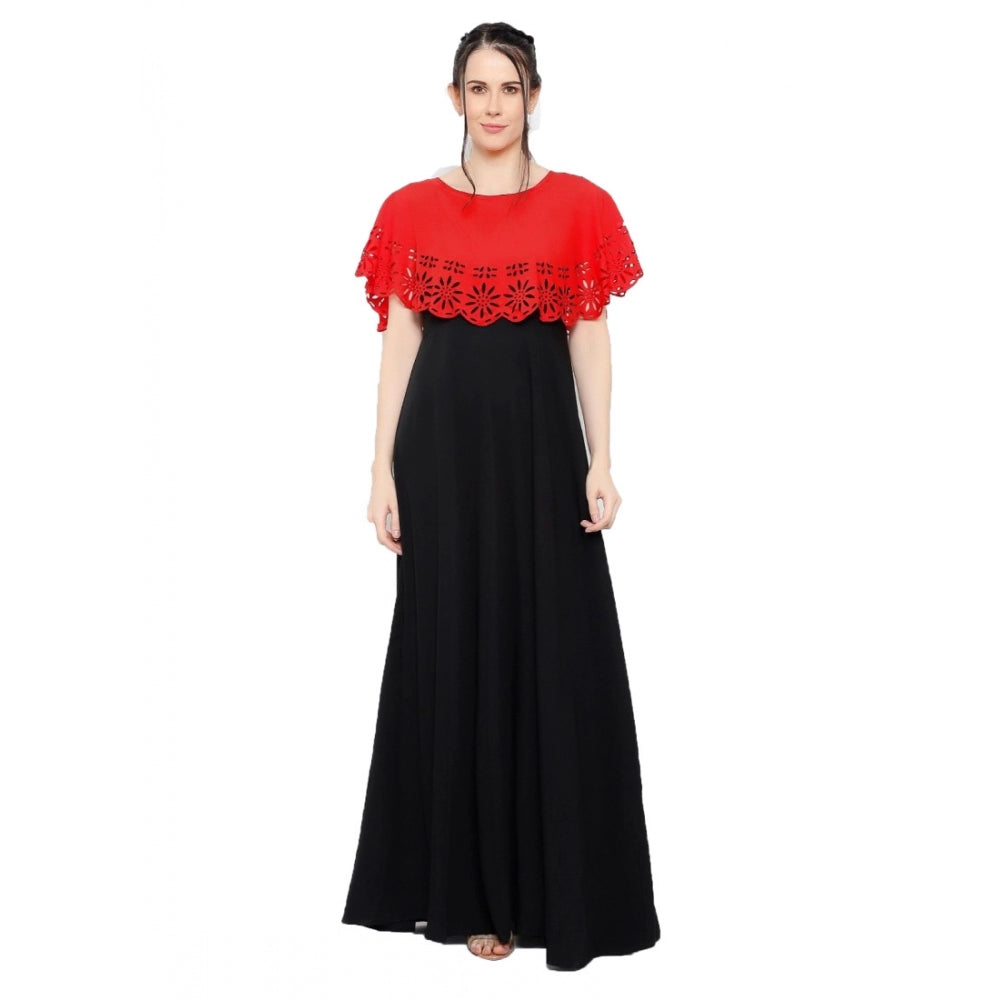 PKRKART Women's Crepe Solid Sleeveless Full Length Gown(Red Black)
