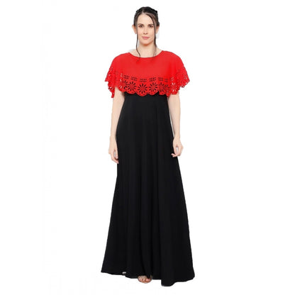 PKRKART Women's Crepe Solid Sleeveless Full Length Gown(Red Black)