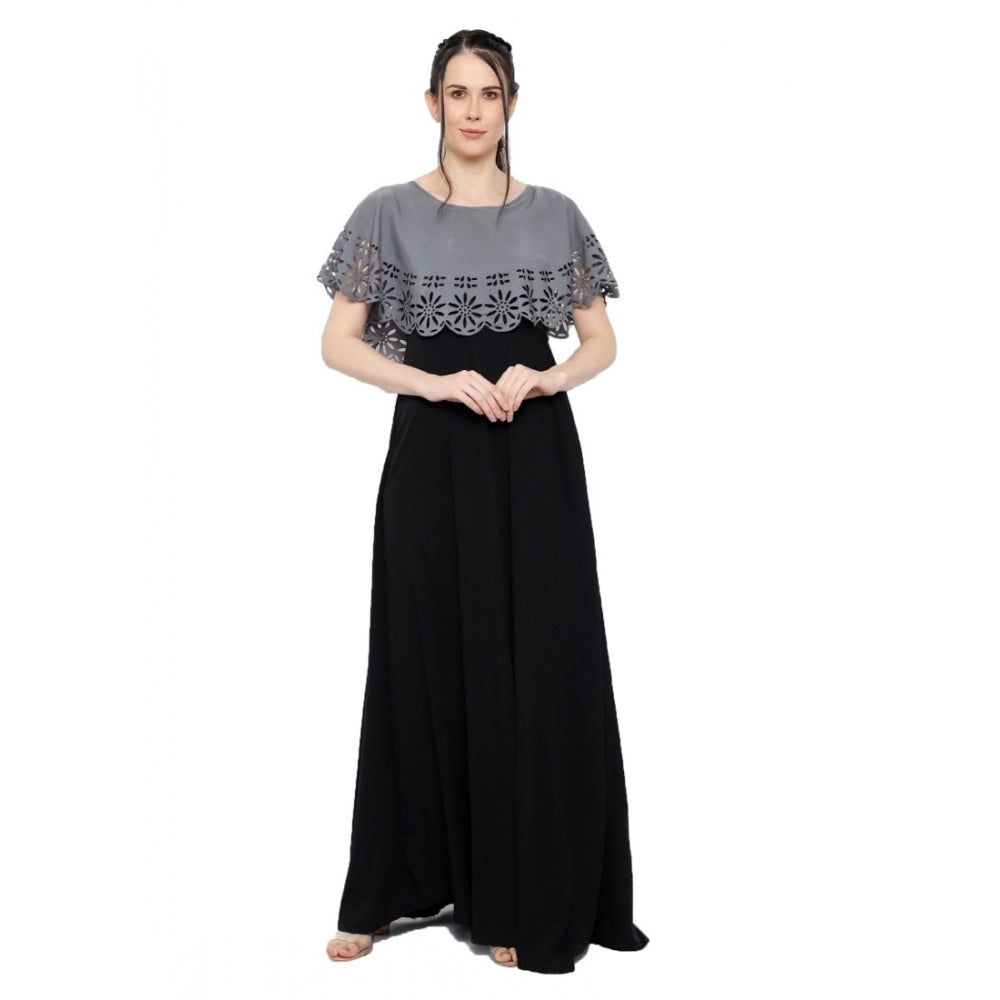 PKRKART Women's Crepe Solid Sleeveless Full Length Gown(Grey Black)