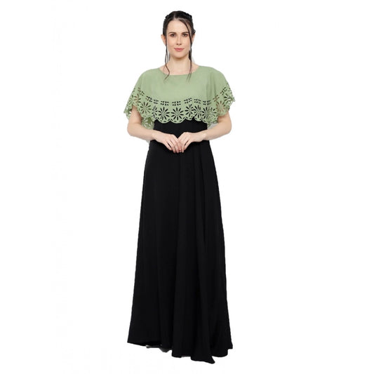 PKRKART Women's Crepe Solid Sleeveless Full Length Gown(Green Black)