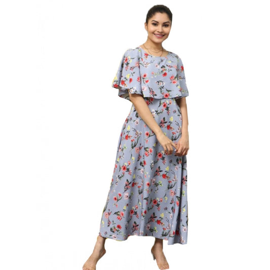 PKRKART Women's Crepe Floral Half Sleeves Full Length Gown(Light Grey)