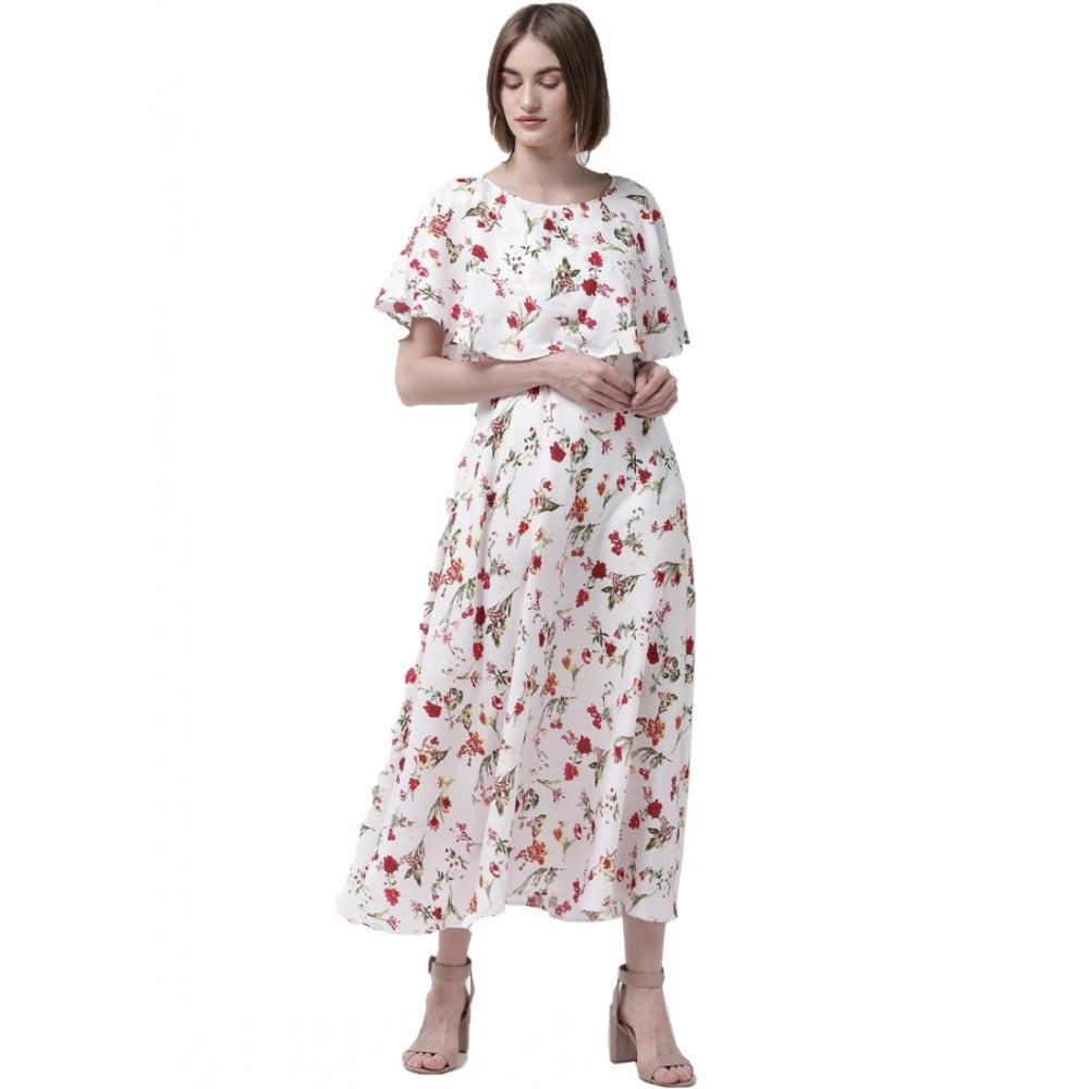 PKRKART Women's Crepe Floral Half Sleeves Full Length Gown(White)