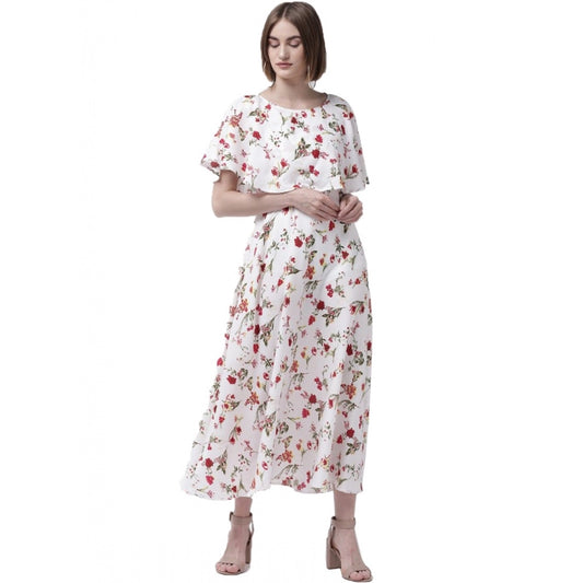 PKRKART Women's Crepe Floral Half Sleeves Full Length Gown(White)