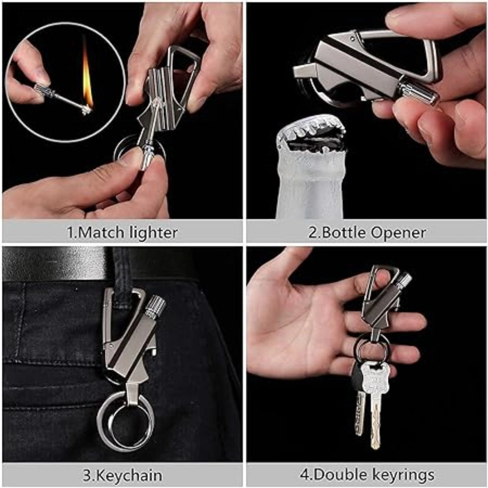 PKR Kart 3 In 1 Keychain Lighter Waterproof Cigarette Flint Lighter Keyring Bottle Opener Fire Starter Match Sticks (Silver)