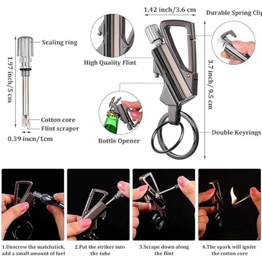 PKR Kart 3 In 1 Keychain Lighter Waterproof Cigarette Flint Lighter Keyring Bottle Opener Fire Starter Match Sticks (Silver)