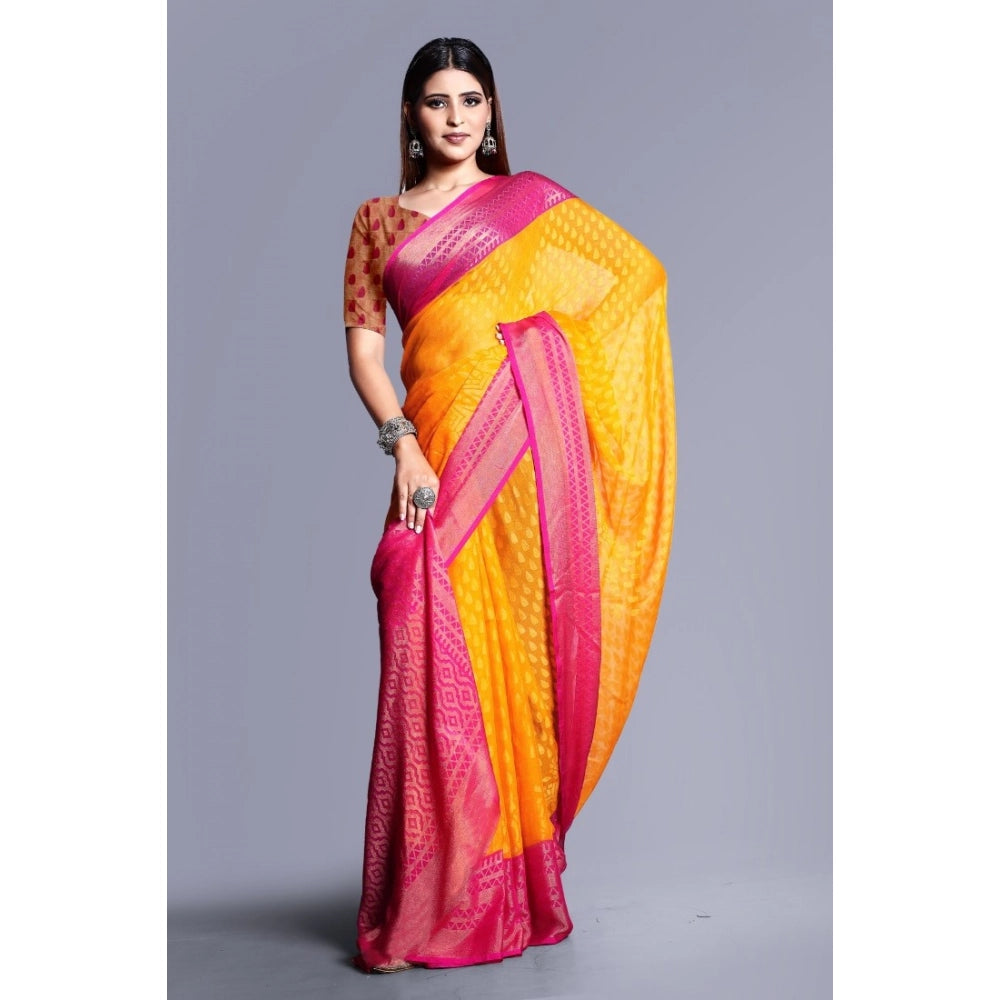 pkrkart Women's Viscose Rayon Printed Saree With Unstitched Blouse (Yellow)