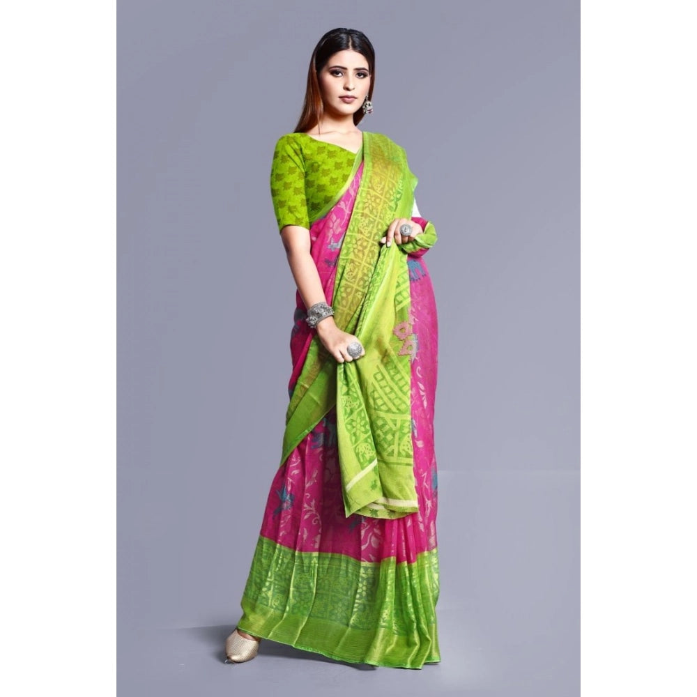 pkrkart Women's Viscose Rayon Printed Saree With Unstitched Blouse (Pink)