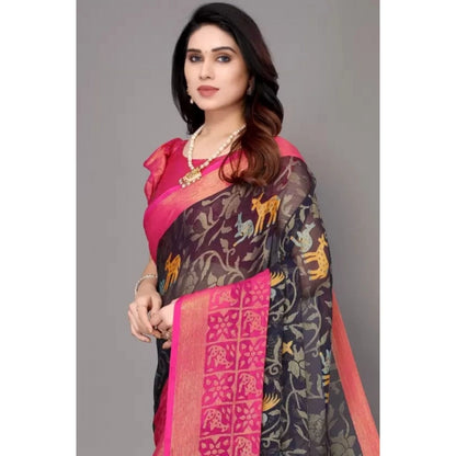 pkrkart Women's Viscose Rayon Printed Saree With Unstitched Blouse (Navy Blue)