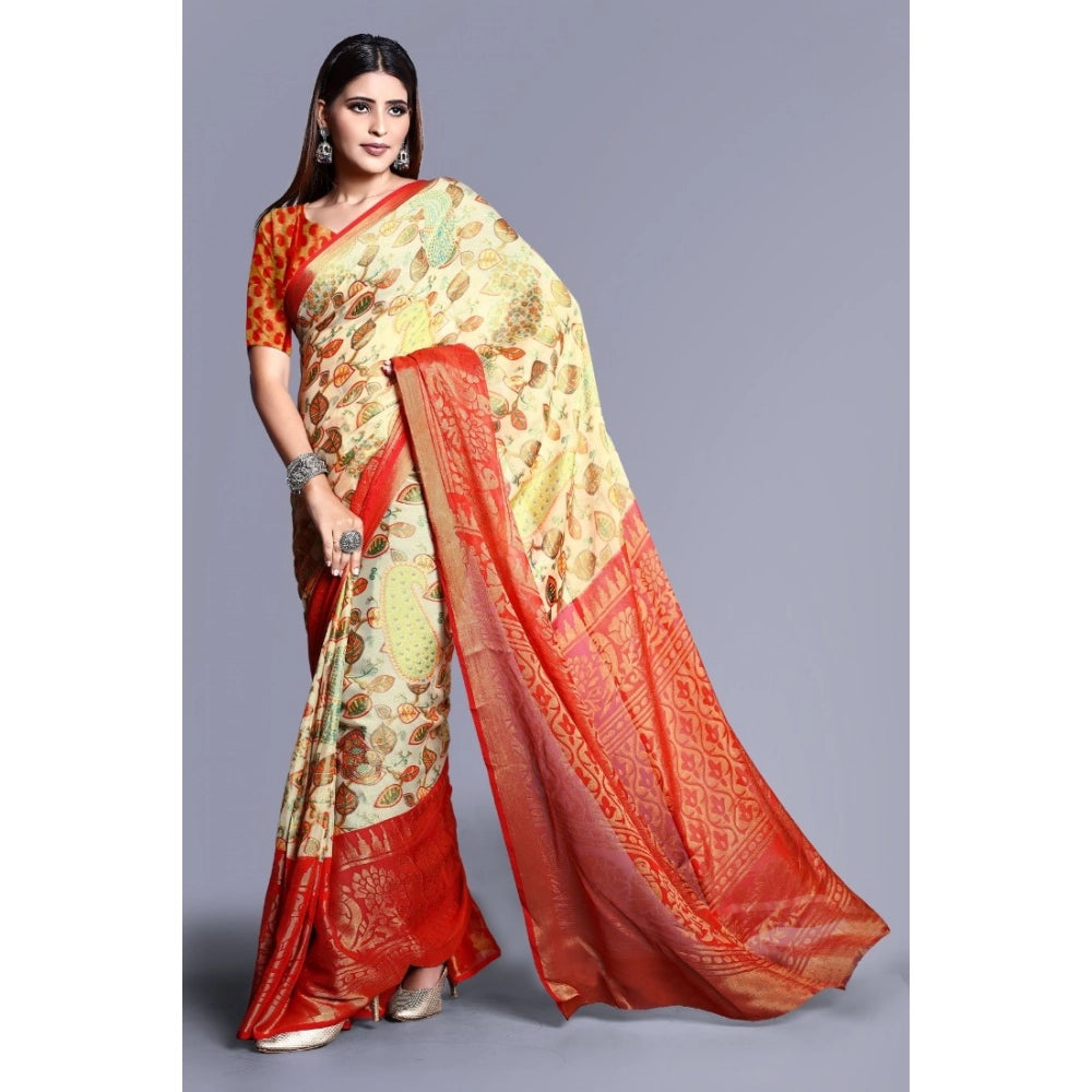pkrkart Women's Viscose Rayon Printed Saree With Unstitched Blouse (Red)
