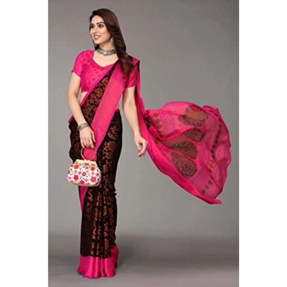 pkrkart Women's Viscose Rayon Printed Saree With Unstitched Blouse (Black)
