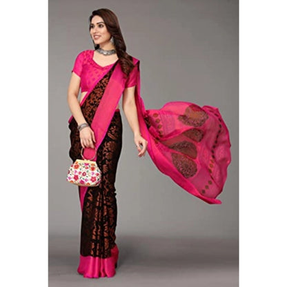 pkrkart Women's Viscose Rayon Printed Saree With Unstitched Blouse (Black)