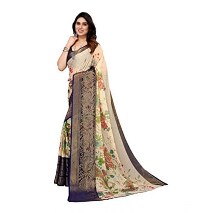 pkrkart Women's Viscose Rayon Printed Saree With Unstitched Blouse (Navy Blue)