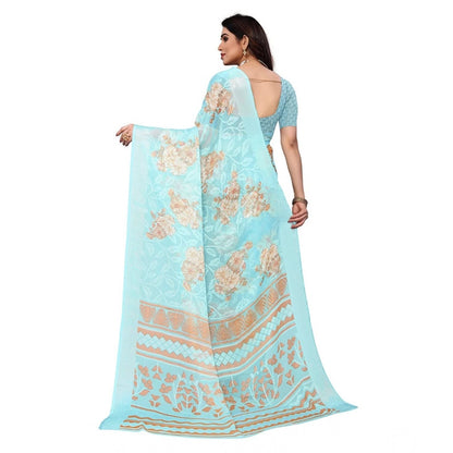 pkrkart Women's Viscose Rayon Printed Saree With Unstitched Blouse (Sky Blue)