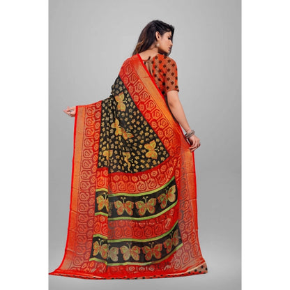 pkrkart Women's Viscose Rayon Printed Saree With Unstitched Blouse (Black)