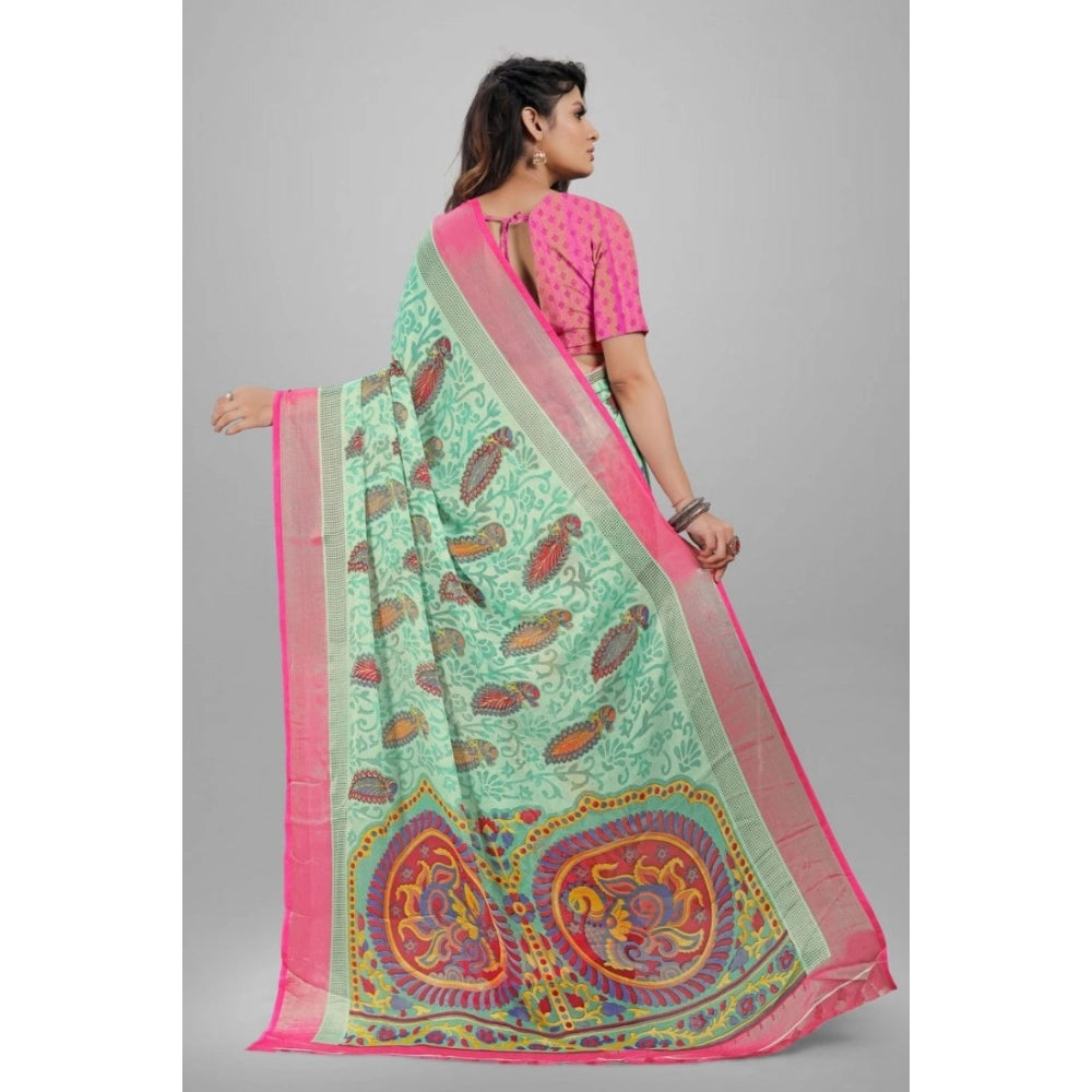 pkrkart Women's Viscose Rayon Printed Saree With Unstitched Blouse (Teal)