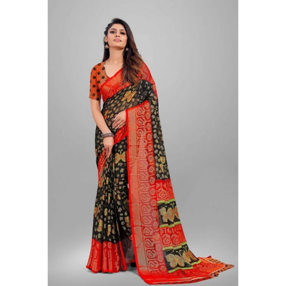 pkrkart Women's Viscose Rayon Printed Saree With Unstitched Blouse (Black)