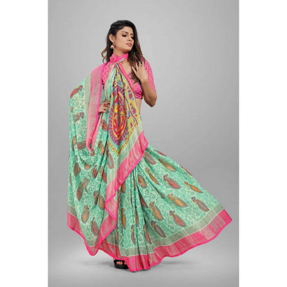 pkrkart Women's Viscose Rayon Printed Saree With Unstitched Blouse (Teal)