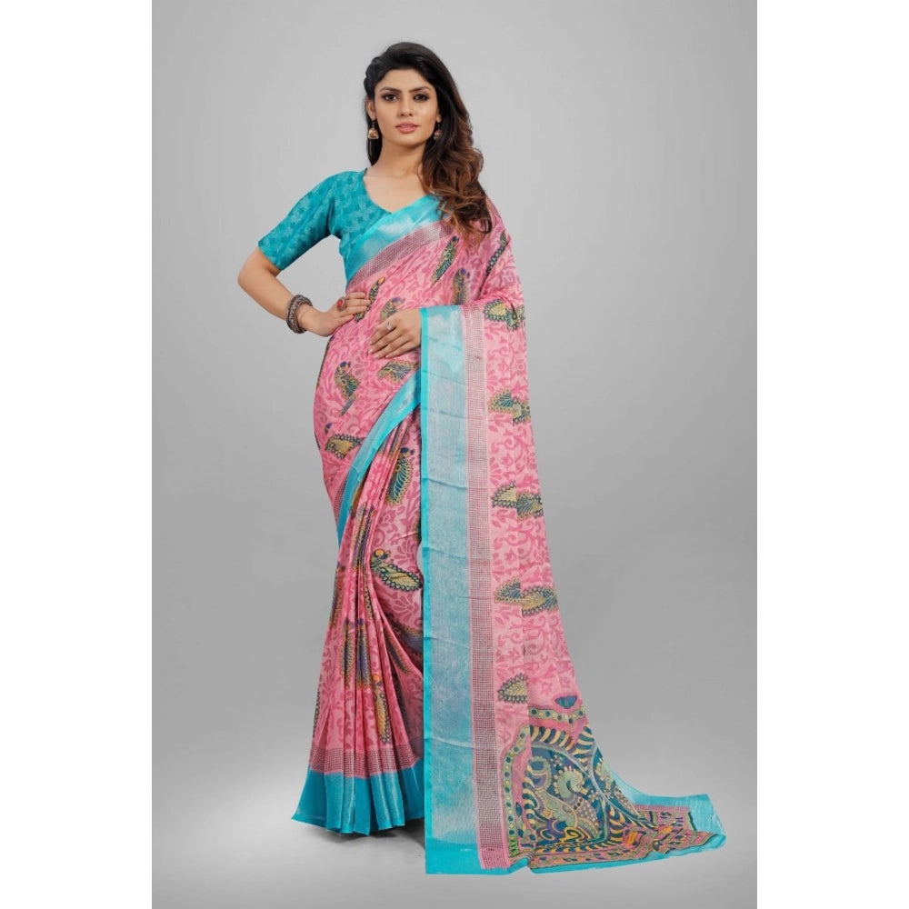 pkrkart Women's Viscose Rayon Printed Saree With Unstitched Blouse (Pink)