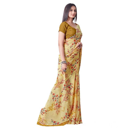 pkrkart Women's Georgette Printed Saree With Unstitched Blouse (Yellow)