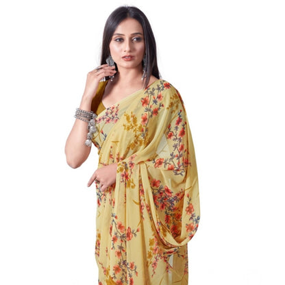 pkrkart Women's Georgette Printed Saree With Unstitched Blouse (Yellow)