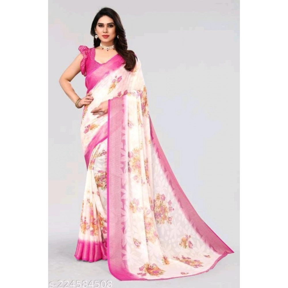 pkrkart Women's Viscose Rayon Printed Saree With Unstitched Blouse (Pink)