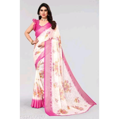 pkrkart Women's Viscose Rayon Printed Saree With Unstitched Blouse (Pink)