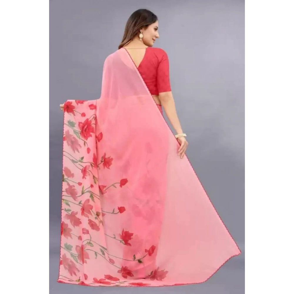 pkrkart Women's Georgette Printed Saree With Unstitched Blouse (Red)