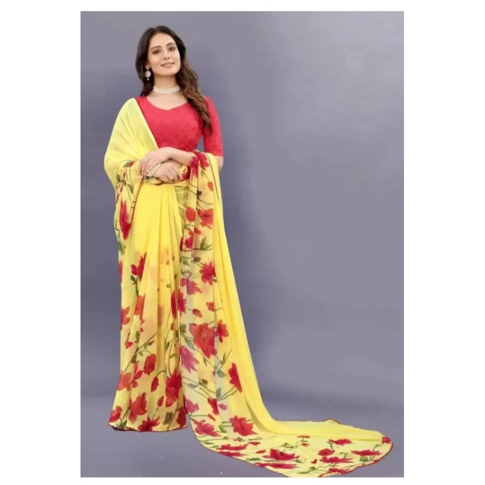 pkrkart Women's Georgette Printed Saree With Unstitched Blouse (Yellow)