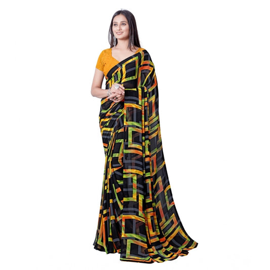 pkrkart Women's Georgette Printed Saree With Unstitched Blouse (Yellow)