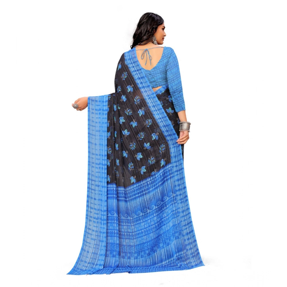pkrkart Women's Georgette Printed Saree With Unstitched Blouse (Blue)