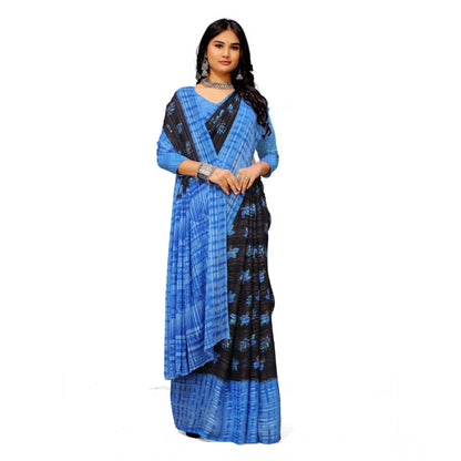 pkrkart Women's Georgette Printed Saree With Unstitched Blouse (Blue)