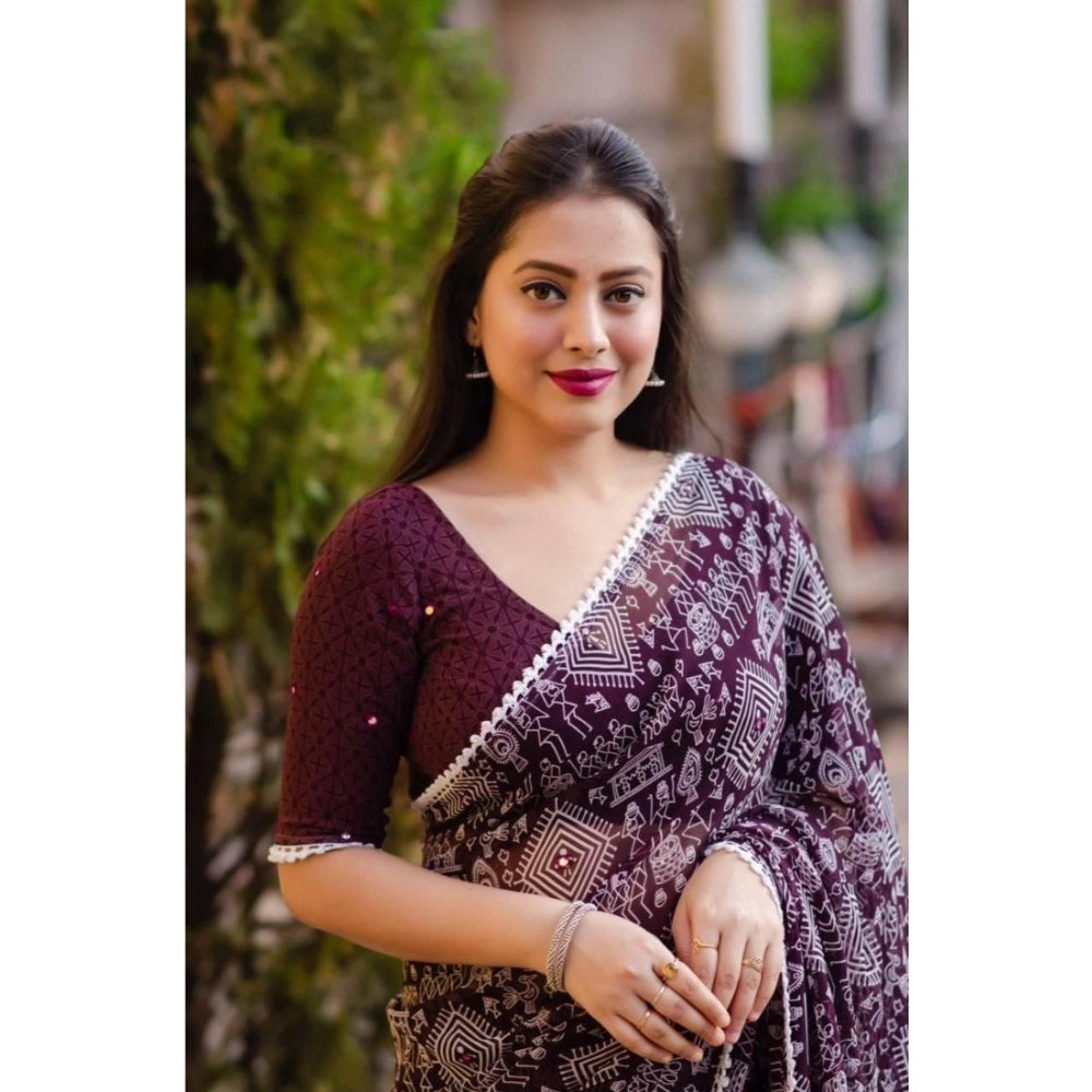 pkrkart Women's Georgette Printed Saree With Unstitched Blouse (Purple)