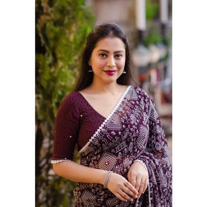 pkrkart Women's Georgette Printed Saree With Unstitched Blouse (Purple)