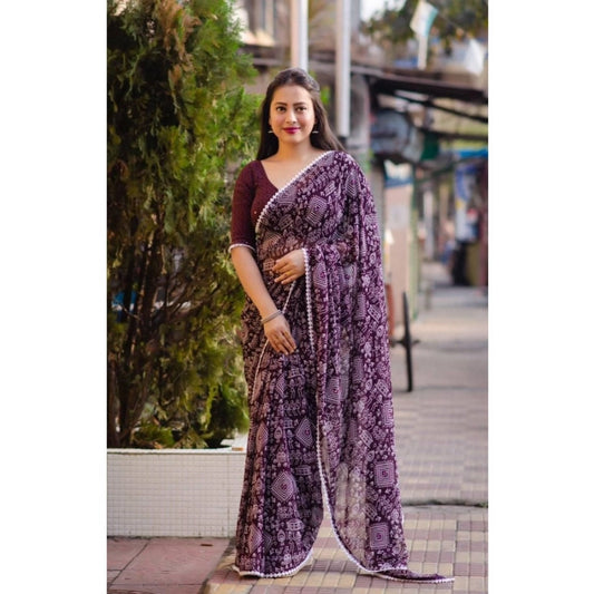 pkrkart Women's Georgette Printed Saree With Unstitched Blouse (Purple)