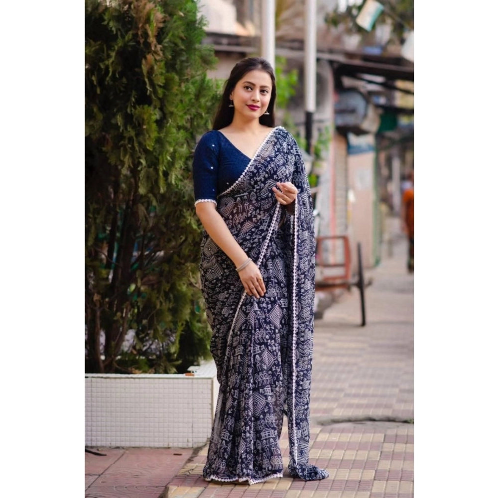 pkrkart Women's Georgette Printed Saree With Unstitched Blouse (Navyblue)